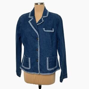 Kikit Jeans Denim Blazer Jacket Womens XL Blue Trim Button Front 90s Y2K Vtg